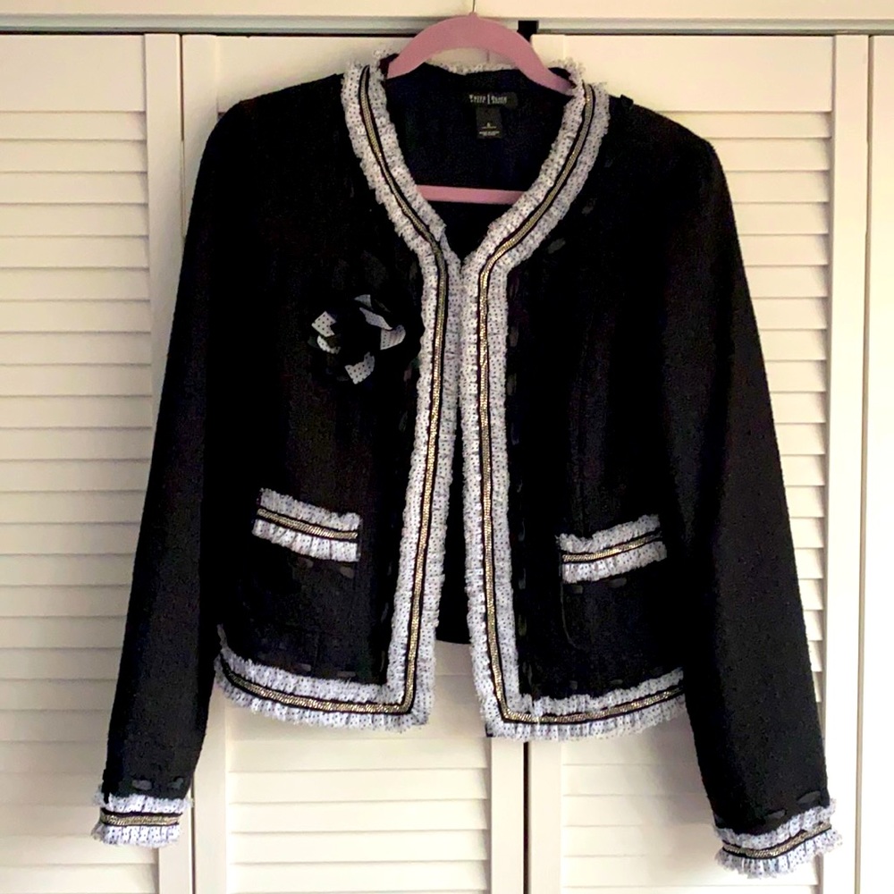 Black tweed jacket with polka dot trim
